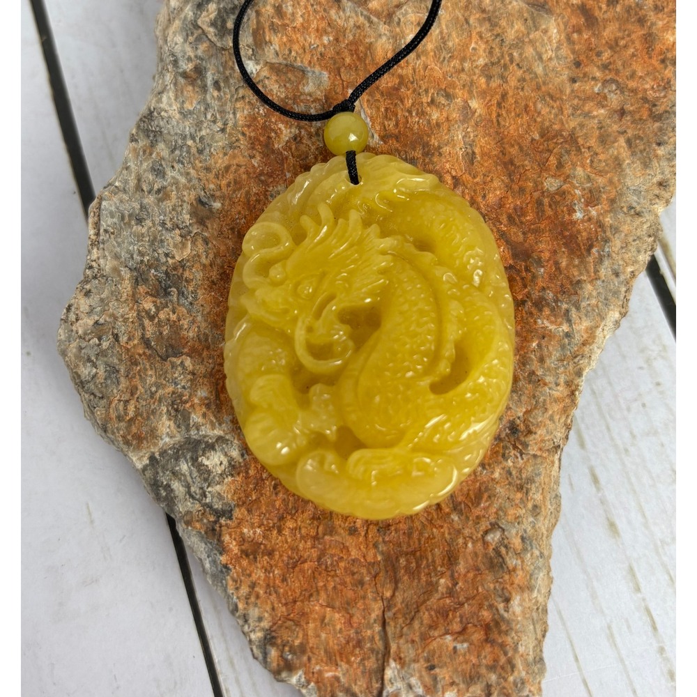 Yellow Jade Dragon Pendant Necklace Carved Stone Zodiac Good Luck Charm P184